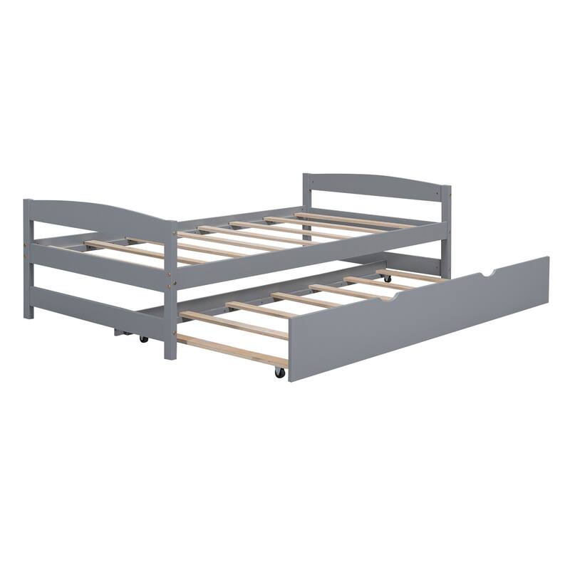 Twin Platform Bed with Pull-Out Trundle, Sturdy Wood Frame, Ideal for Small Spaces