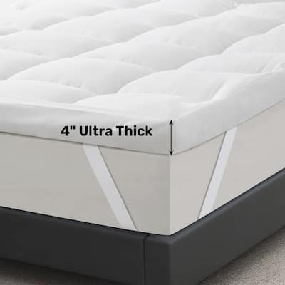 3"& 4" Ultra Thickness Fitted Down Alternative Fiber Mattress Topper with Elastic Deep Stripe - white