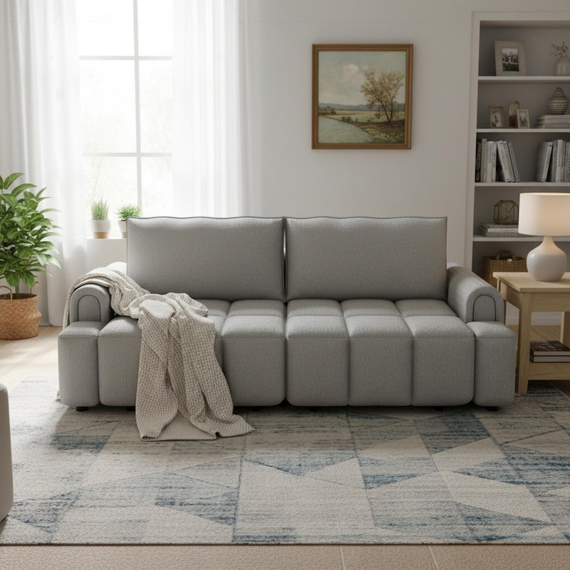 Homy Casa 90" 4-Seater Teddy Fabric Sofa with Hidden Seat Storage, 3-in-1 Convertible Sleeper Couch, Beige/Grey/Black