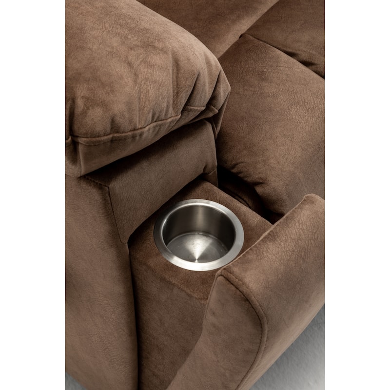 Brown Power Lift Recliner with Massage, Lumbar Heating, Silent German Motor, Luxurious Goose Down Fabric, and Cup Holders