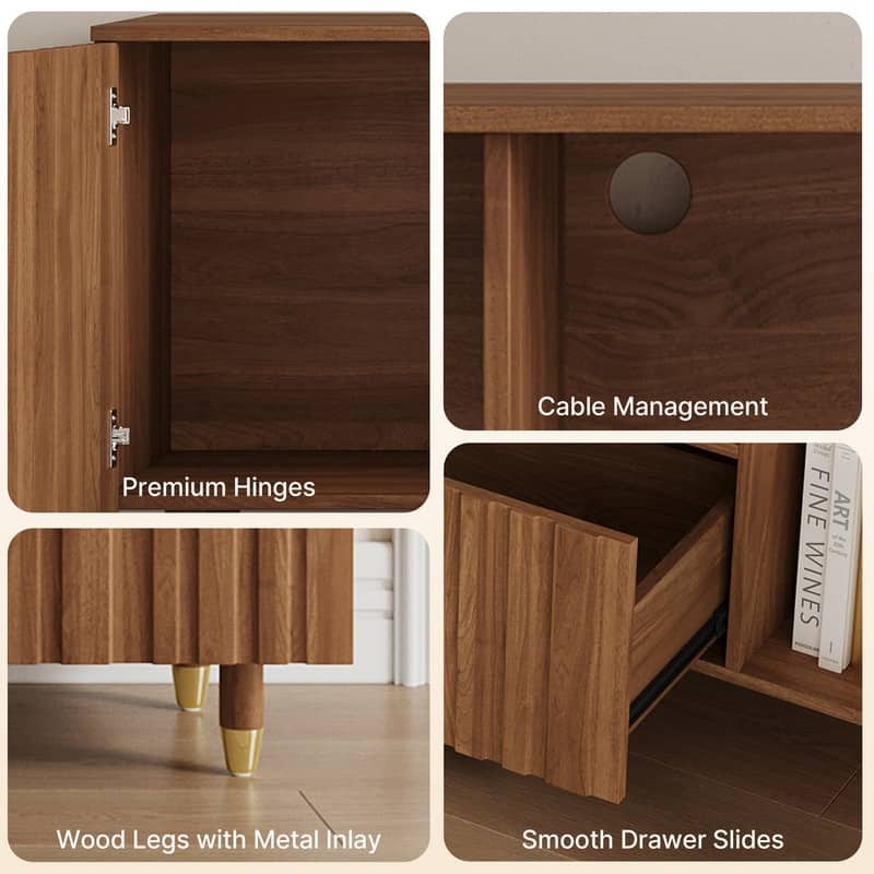 71" Mid-Century Modern Brown Wood Living Room TV Stand with Storage Cabinets & Open Shelves