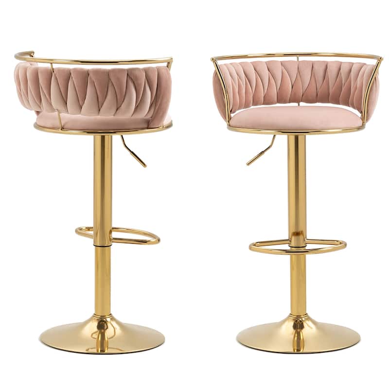 Velvet Upholstered Adjustable Bar Stool Swivel Counter Chair Set of 2