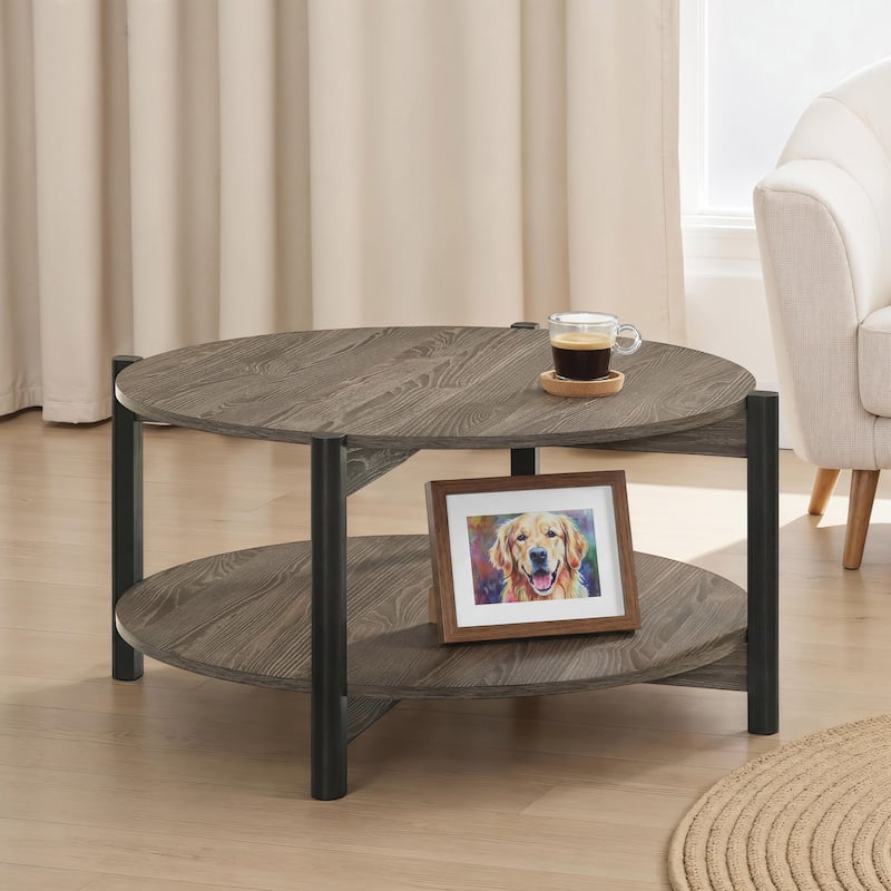 Furniture of America Rovion Round Wood Coffee Table with Open Bottom Shelf - Dark Gray