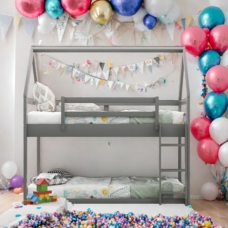 Modern Grey Twin Over Twin Low Bunk Bed,House-Shaped House Bed With Ladder