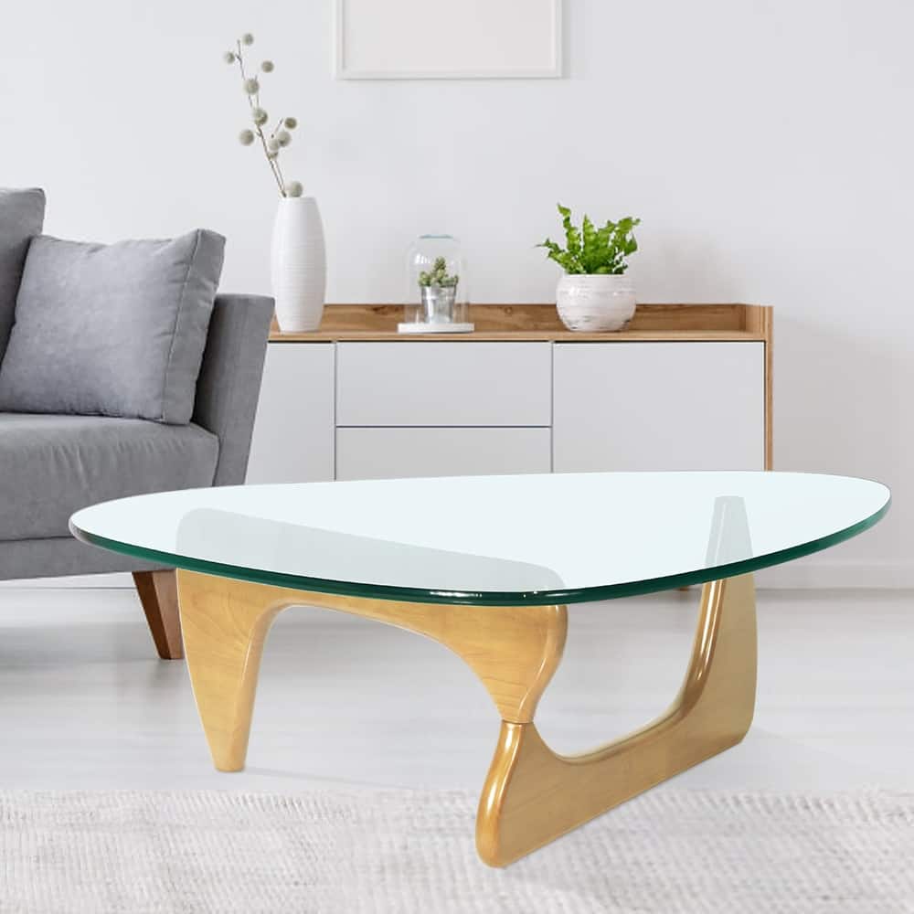 Modern Triangle Glass Coffee Table,and Wood End Table,Solid Wood Base and Clear Glass Top Accent Coffee Table