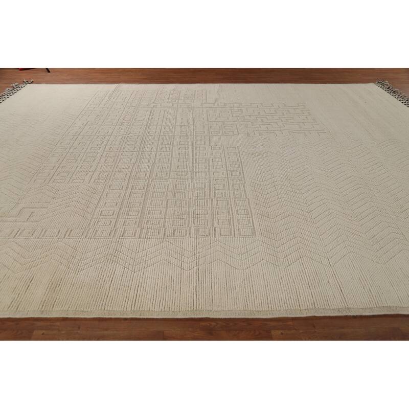 All-Over Ivory Moroccan Oriental Large Rug Hand-Knotted Wool Carpet - 10'5"x 14'9"