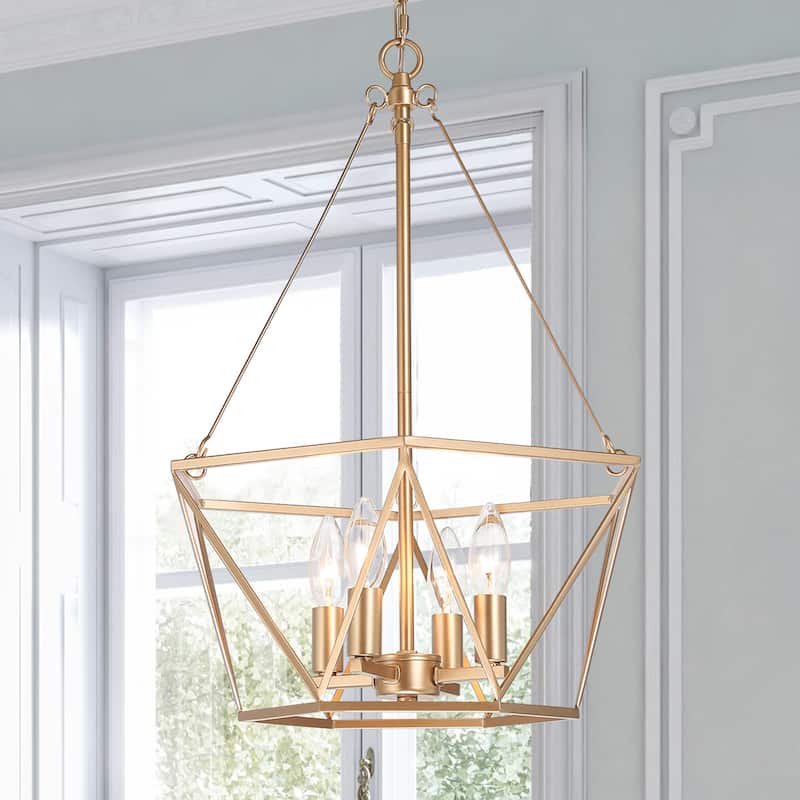 Zeci Modern Farmhouse 4-light Gold Lantern Chandelier Cage Ceiling Lights for Dining Room Foyer Entryway - D15.5'' X H81.5