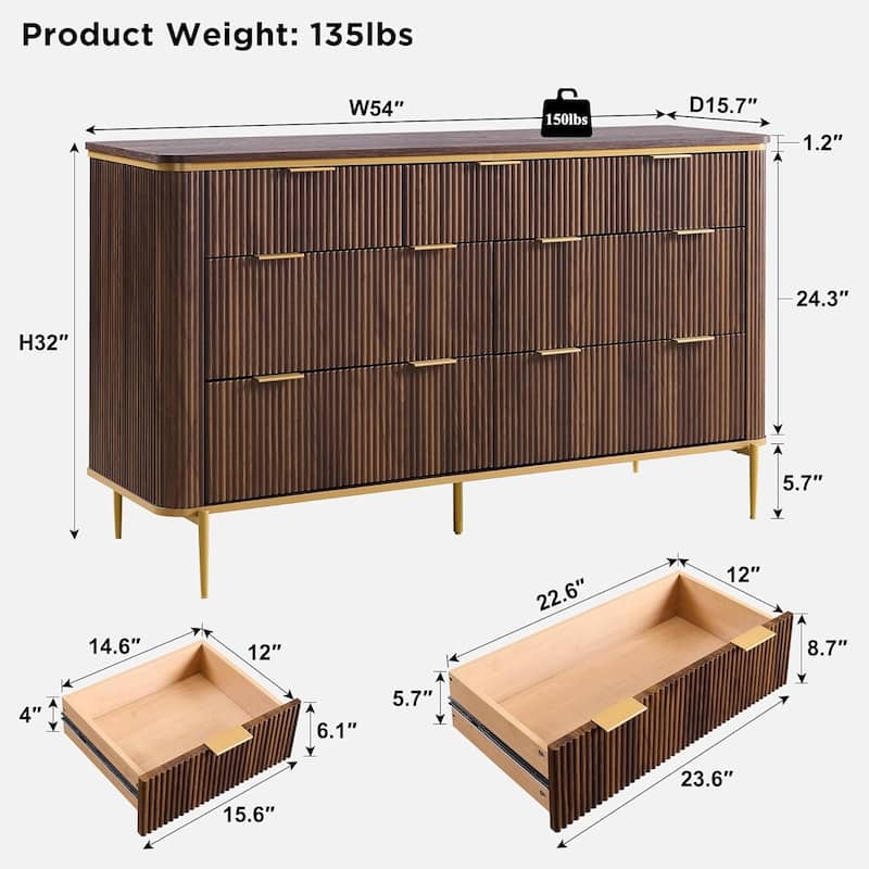 Modern Fluted 7 Drawers Dresser for Bedroom, 54" Dresser TV Stand