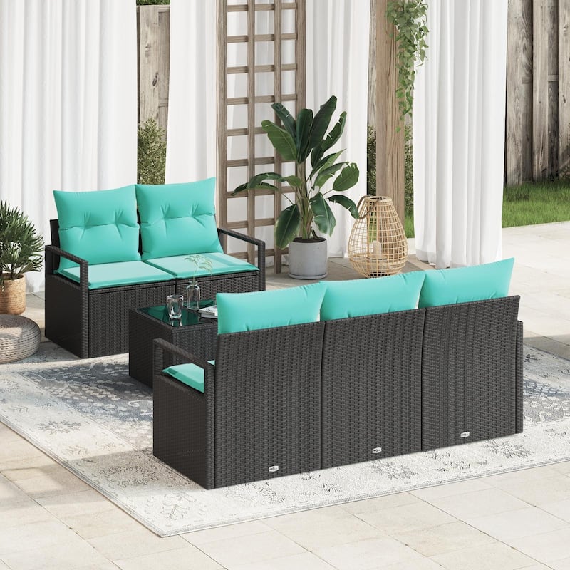 vidaXL 6 Garden Sofa Set with Cushions Black Poly Rattan - 68.9 x 24.4 x 27.2
