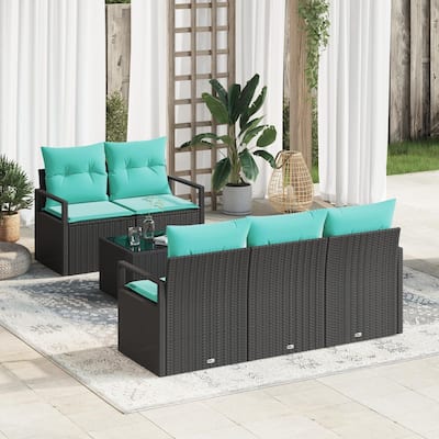 vidaXL 6 Garden Sofa Set with Cushions Black Poly Rattan - 68.9 x 24.4 x 27.2