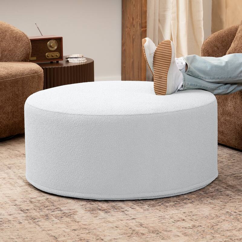 Jaxx Candler Round Couch Ottoman Large Coffee Table & Foot Rest - 36 Inch - Boucle White