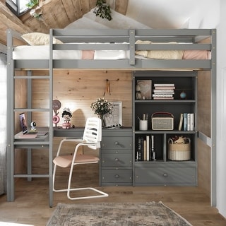 Wood High Full Size Loft Bed with Desk,Storage Shelves and Drawers,Built-in Ladder