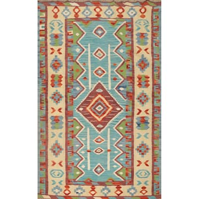 Hand Woven Oriental 100% Wool Carpet Southwestern Tribal Navy Blue & Blues Kilim Area Rug - 5' 9'' X 4' 1''