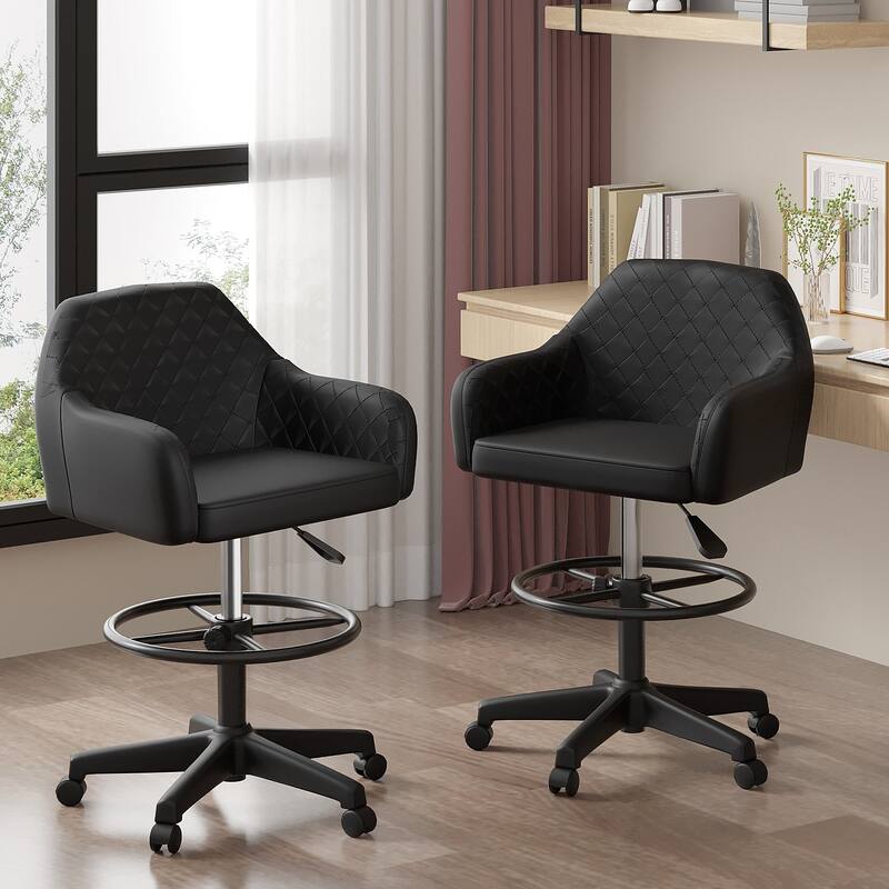 VECELO Contemporary PU Leather Drafting Chairs(Set of 2) Task Chair with Metal Frame and Back Home Ofiice Chairs - Black