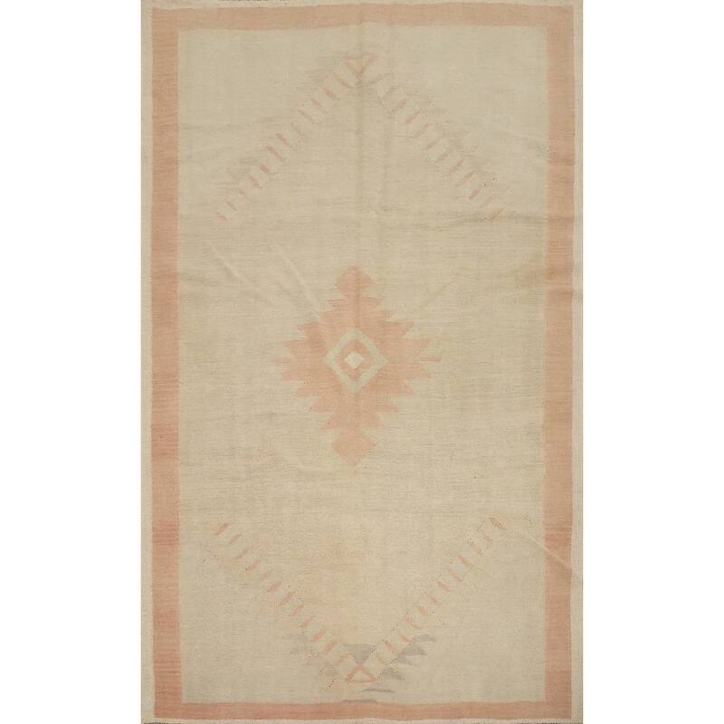 Hand Woven Oriental 100% Wool Carpet Southwestern Tribal Beige & Ivories Kilim Area Rug - 8' 10'' X 5' 8''