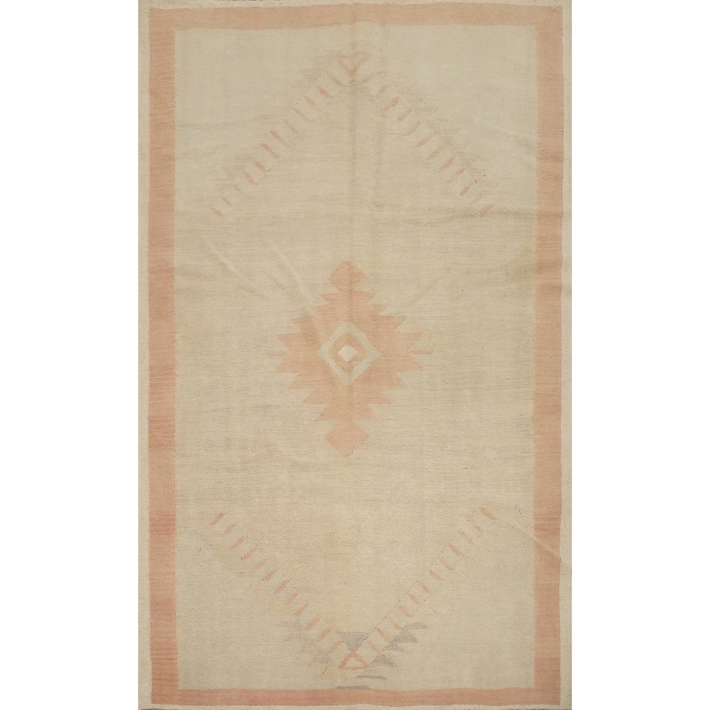 Hand Woven Oriental 100% Wool Carpet Southwestern Tribal Beige & Ivories Kilim Area Rug - 8' 10'' X 5' 8''