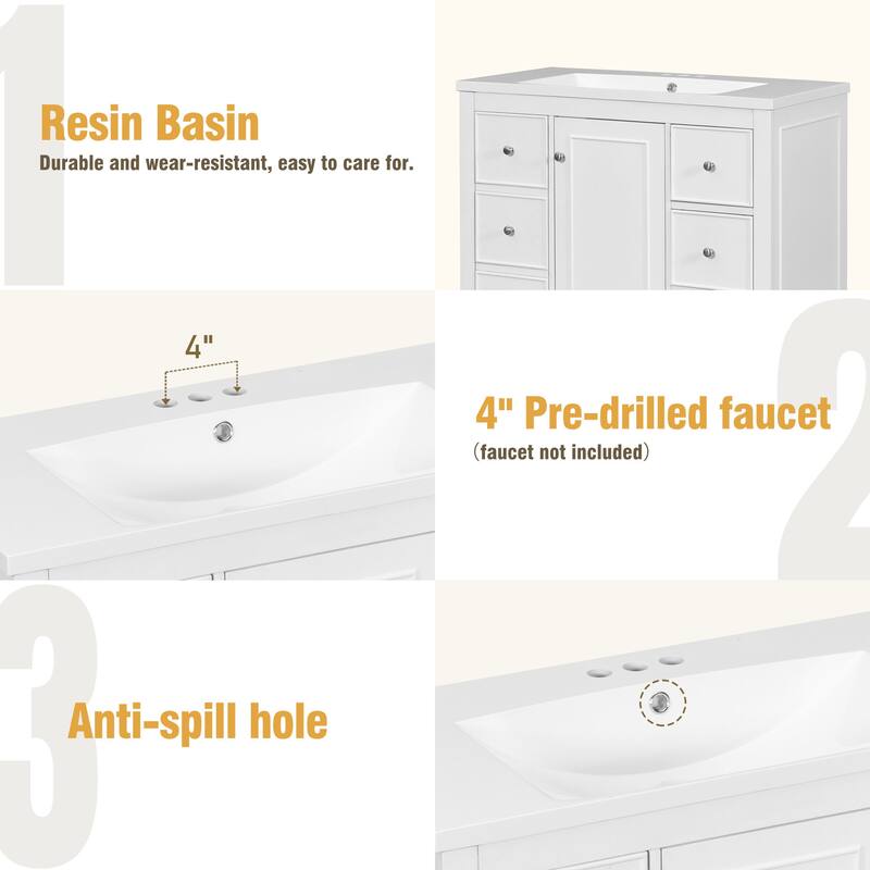 36" Modern White Bathroom Vanity with Resin Sink, 4 Drawers, Soft-Close Hinges, Adjustable Shelves - 18in L Solid Wood+MDF+Resin