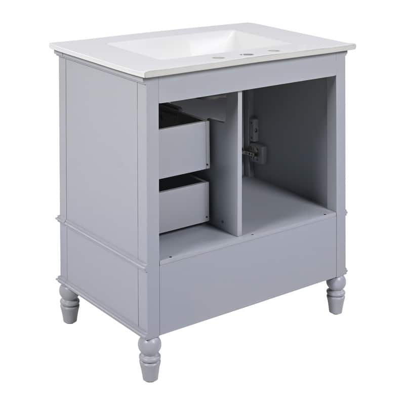 30" Bathroom Vanity with Ceramic Sink Top, Modern Bathroom Storage Cabinet with 1 Door, 3 Drawers and Solid Wood Legs