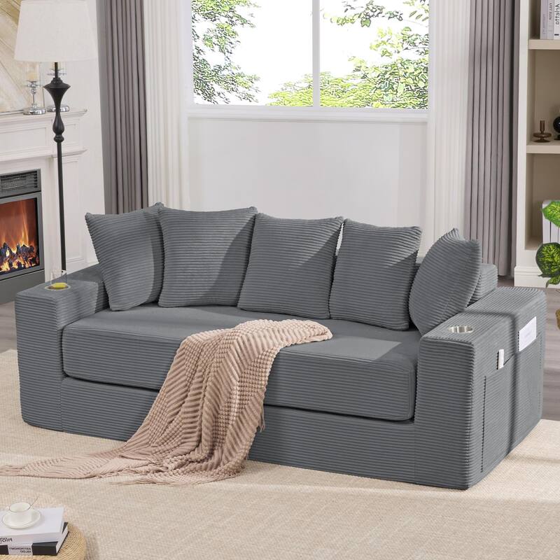 2-in-1 Convertible Sleeper Sofa, Floor Folding Couch, Sofa Bed with Side Pocket, Pull Out Loveseat with Cup Holders