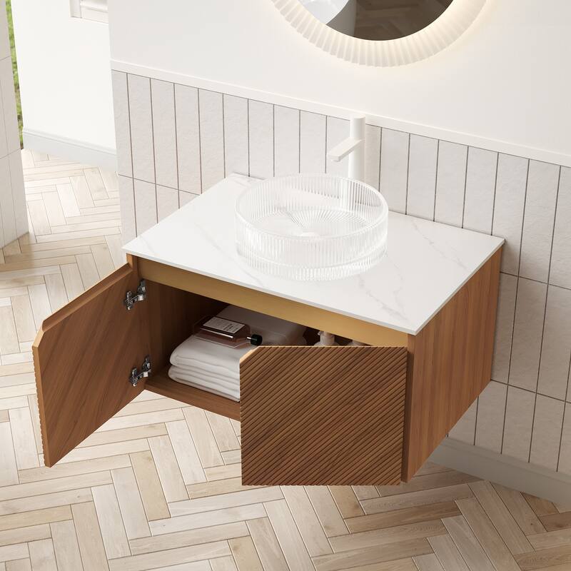 Floating Bathroom Vanity with Sintered Stone Top and Ceramic Vessel Basin