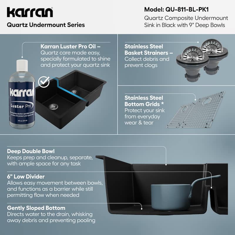 Karran 32" Undermount Large/Small Bowl Quartz Kitchen Sink Kit - 32" x 21.25" x 9"
