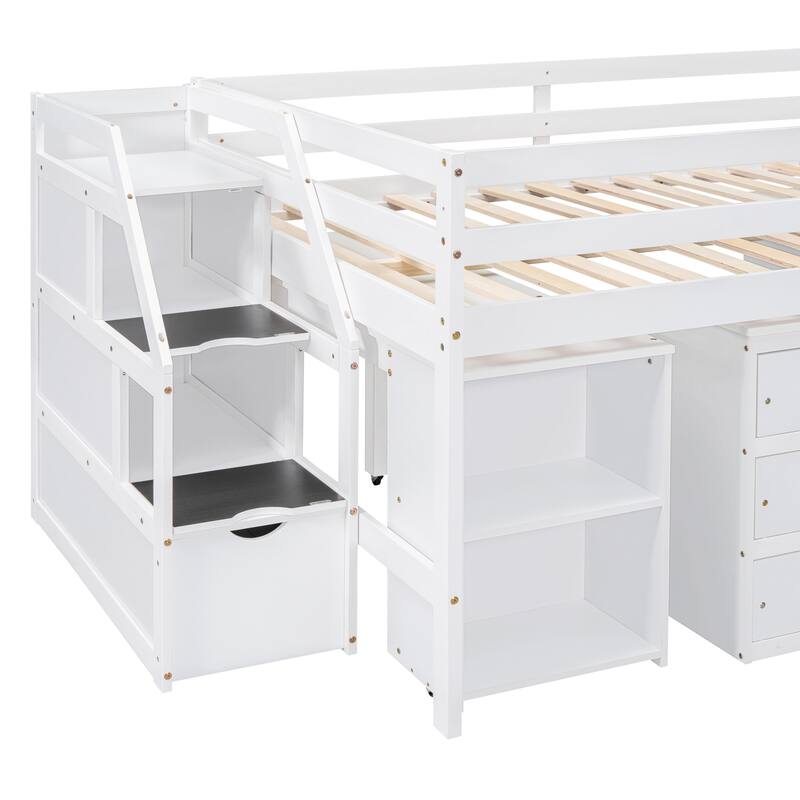 Space-Saving Full Loft Bed with Retractable Desk, Storage Stairs & 3 Drawers, White