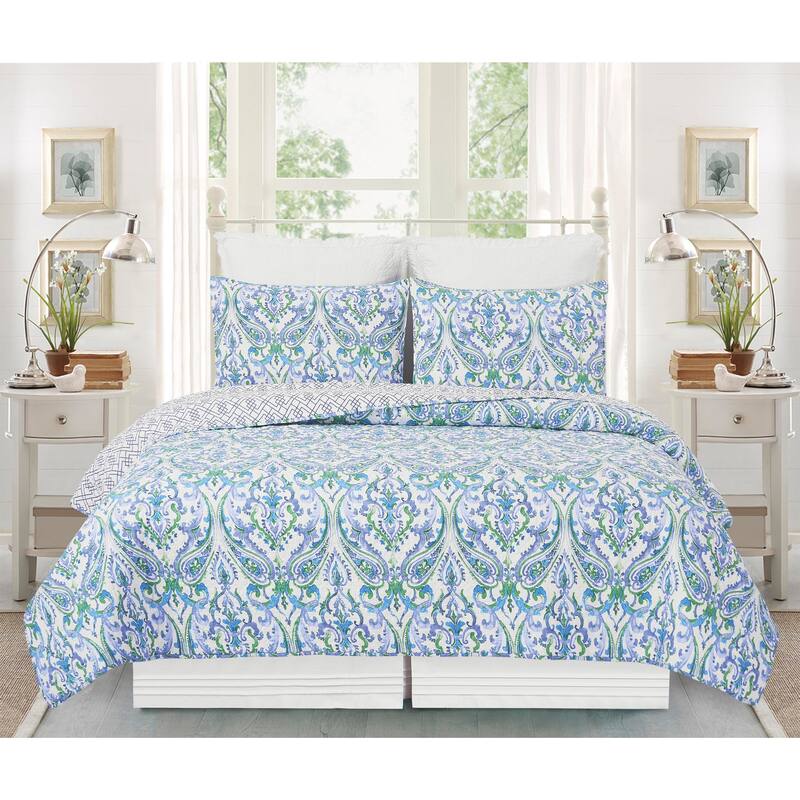 Juliet Twin 2 Piece Reversible Coverlet Quilt Set with 1 Standard Sham Blue Green White Paisley Pattern