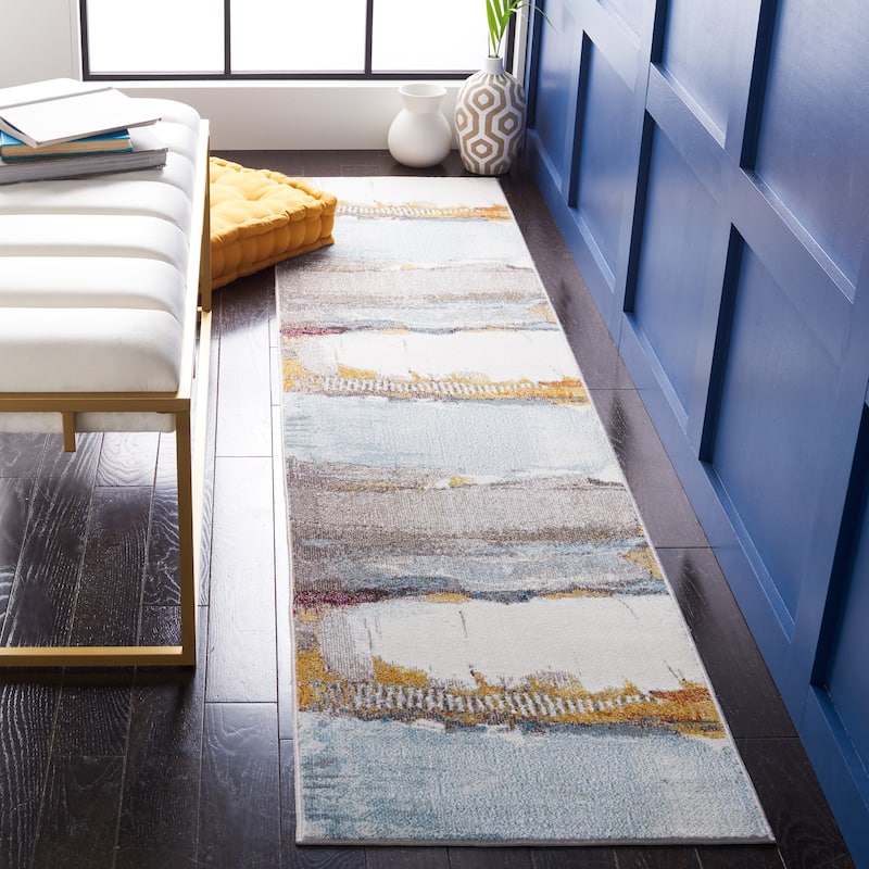 SAFAVIEH Aria Moeidur Modern Abstract Rug - 2' x 8' Runner - Ivory/Light Blue