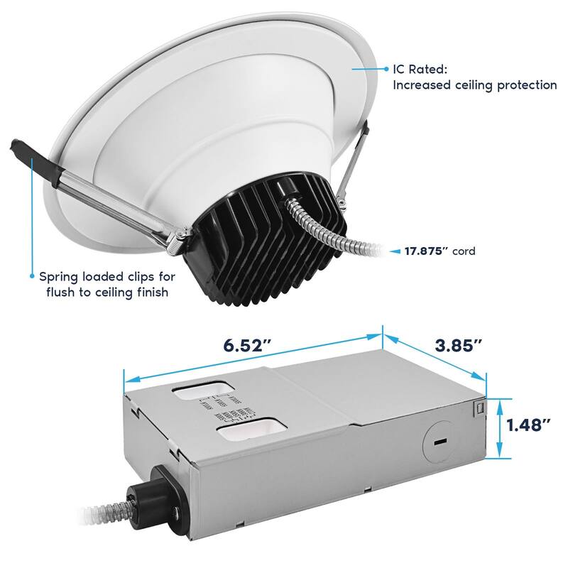 LUXRITE 8 Inch Commercial LED Recessed Light J-Box 5CCT 50/65/80W Dimmable 5000/6500/8000LM 120-277V Wet Rated IC Rated