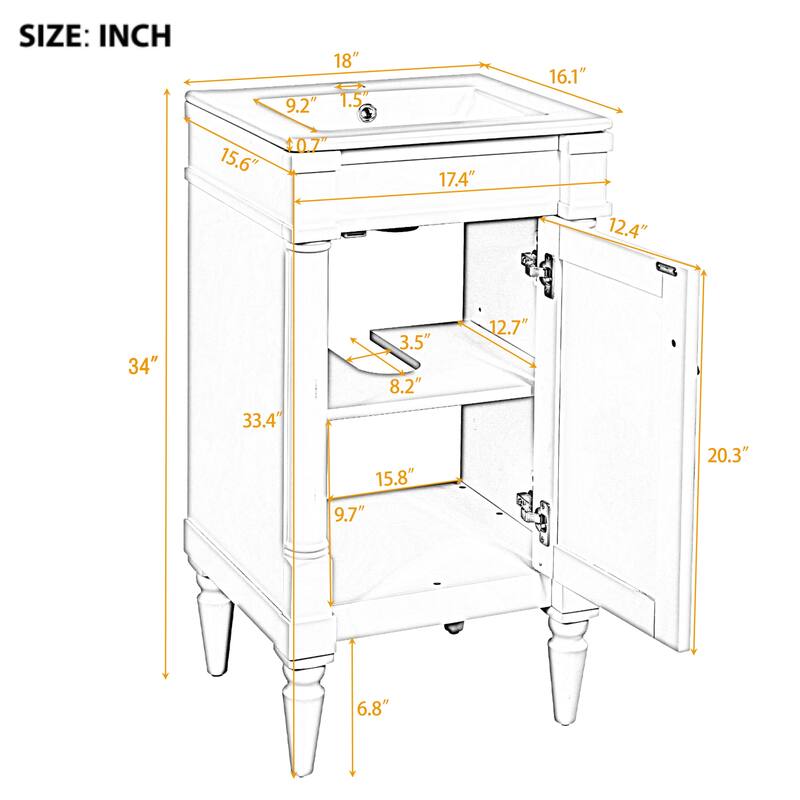 18" Freestanding Bathroom Vanity with White Integrated Ceramic Sink - 18'' x 16.1'' x 34''