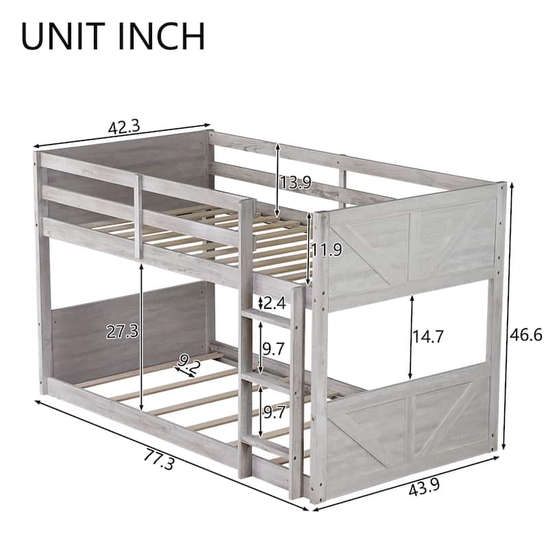 Twin Size Floor Bunk Bed with Safety Guardrails and Built In Ladder