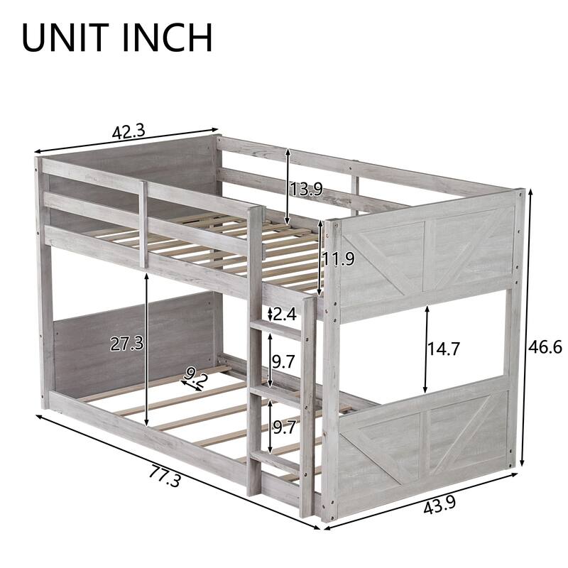 Twin over Twin Bunk Bed with Panelled Headboard and Footboard,Solid Wood Foundation with Safety Guardrails,Built-in ladder