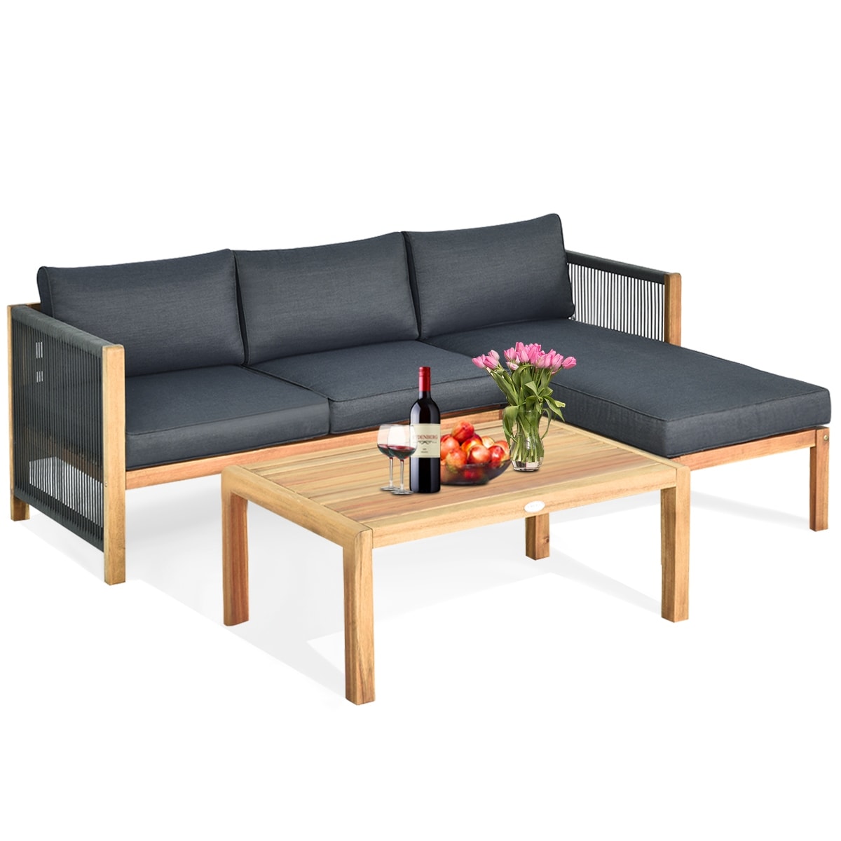 Costway 3PCS Patio Sofa Furniture Set Thick Cushion Acacia Wood - See Details