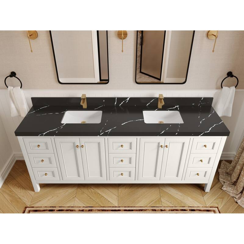 Willow Collections 84 in. W x 22 in. D Nashville Double Bowl Sink Bathroom Vanity with Countertop - 2"Calacatta Black - Ivory