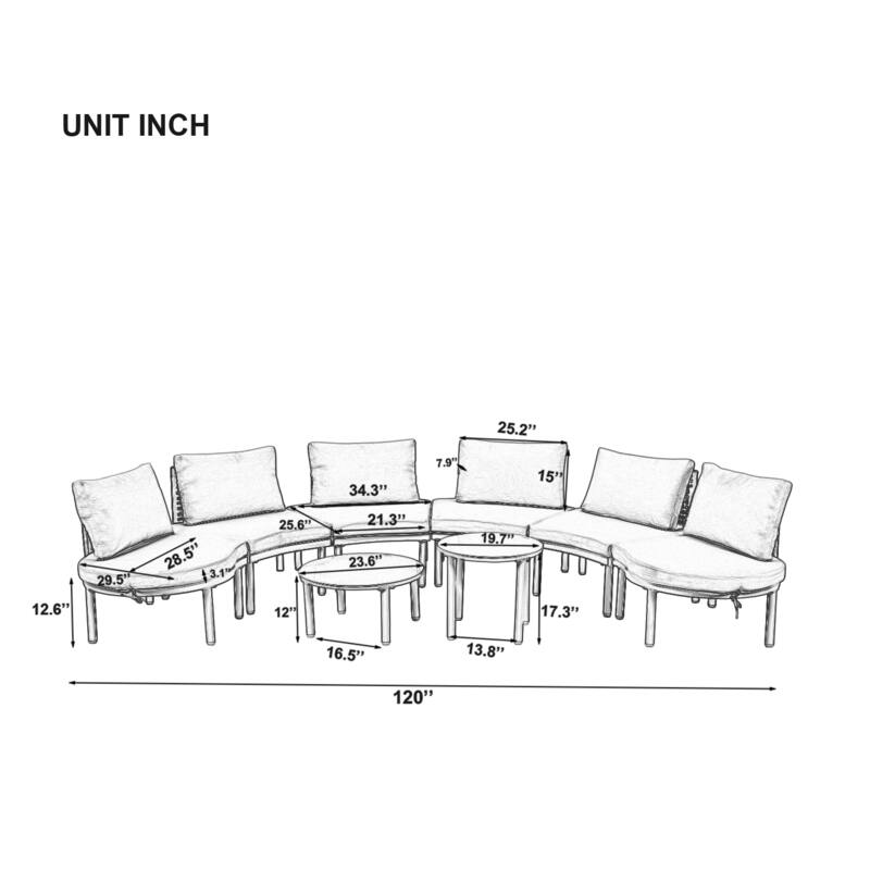 8-Piece Patio Half Moon Sofa Set with 2 High-Low Coffee Tables, 6 Pillows & Cushions