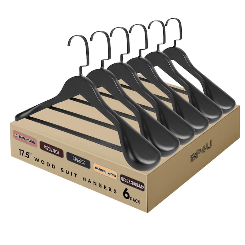 BP4U Premium Wide Shoulder Wooden Suit Hangers, 17.5-Inch Heavy-Duty Solid Wood Coat Hangers for Men's Clothes - 6-Pack - Black