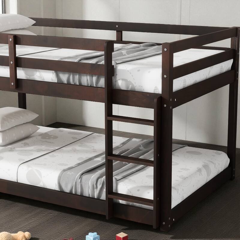 Solid Rubber Wood Twin Over Twin Floor Bunk Bed with Ladder, Low Height Design and Strengthened Slat Support