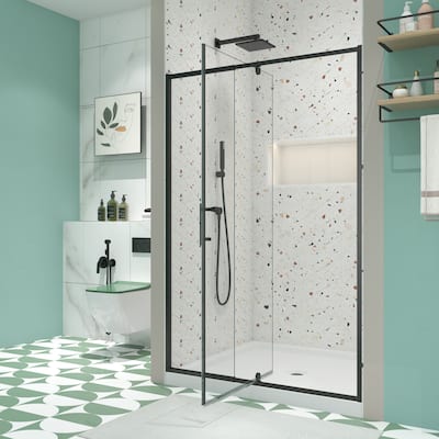 56-60 Inch Wide Pivot Shower Door - Magnetic Seal, 1/4" Tempered Glass, Reversible Matte Black/Chrome - 60 x 71