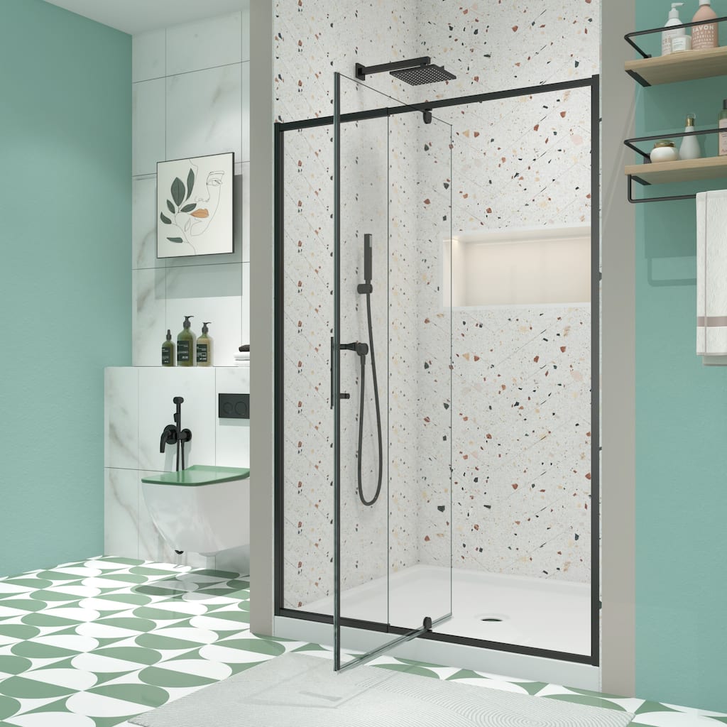 56-60 Inch Wide Pivot Shower Door - Magnetic Seal, 1/4" Tempered Glass, Reversible Matte Black/Chrome - 60 x 71