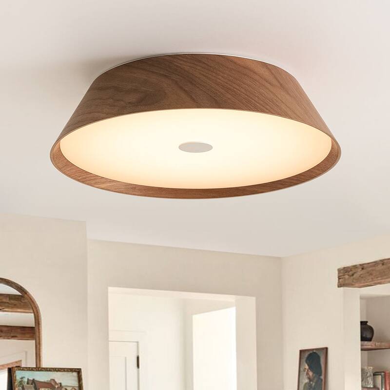 Scandinavian Wood Style Dimmable LED Flush Mount Ceiling Light 13.2in - Walnut