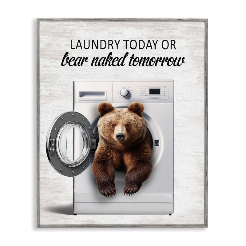 Stupell Bear Naked Funny Laundry Framed Giclee Art Design By Lettered and Lined - 11 x 14 - Grey