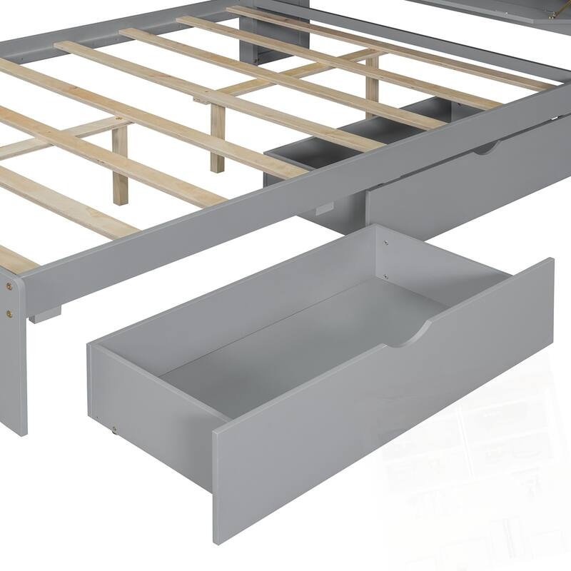 Full Size Wooden Platform Bed with USB and Drawers