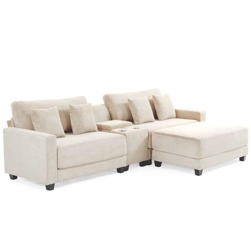 Oversized Corduroy Upholstered Sofa with a Removable Ottoman & 4 Pillows