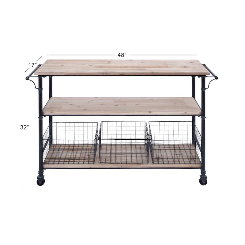 Wood Rolling Cart 3 Drawers and 1 Shelf Storage Unit with Black Wire Baskets - Brown - Roche River Decor