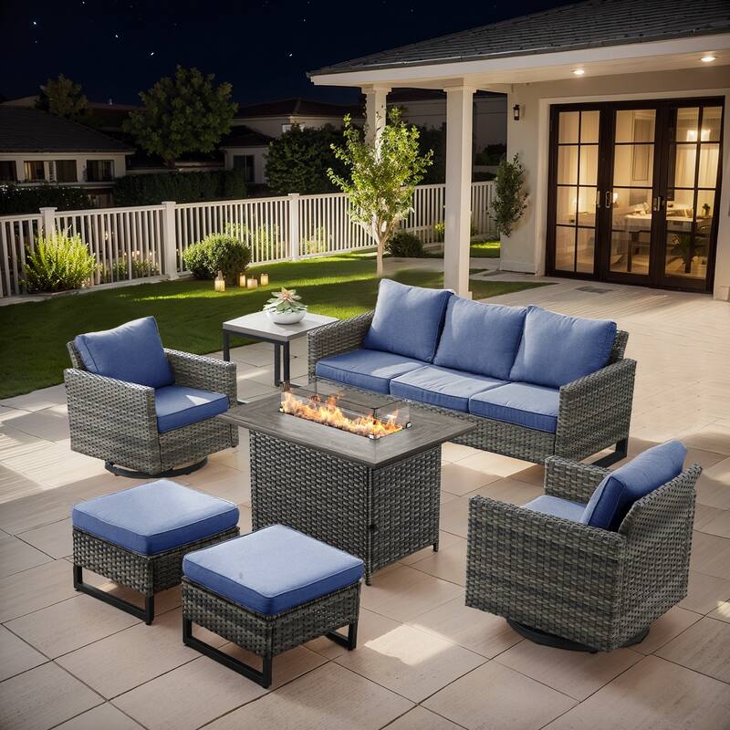 Outdoor Sofa Swivel Chairs Ottomans and Fire Pit Table - Grey - Blue