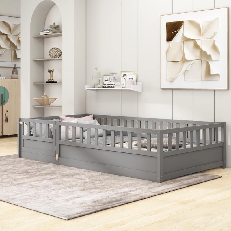 Children's Twin Floor Bed with High Fence, Pinewood French Bed, Safe Play Area, and Mattress Support