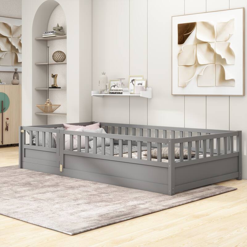 Pine Floor Bed with Guardrail & Door