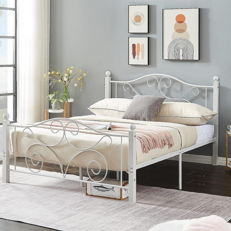 VECELO Metal Platform Bed Frame with Roman Column Floral Scrollwork Headboard No Box Spring Needed Twin/Full/Queen Size
