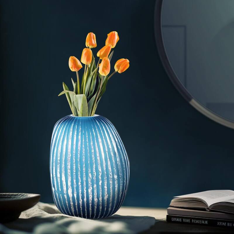 Allan Andrews Contemporary Asymmetrical Matte Blue & Silver Glass Vase Collection
