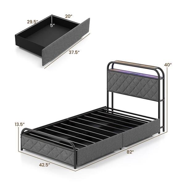 Black Metal Twin Platform Bed with LED Lights Storage Headboard and Drawers